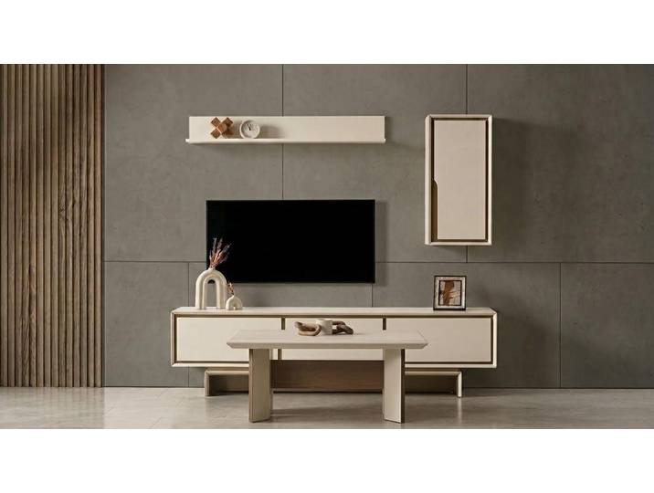 Xlmoebel Sideboard Beige Wohnwand mit Sideboard und Regal im modernen Stil (Wohnwand, 4 St., Beige Wohnwand mit Sideboard und Regal), Made in Europa