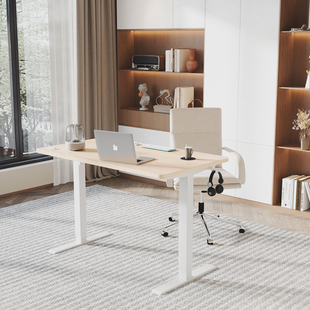 Zipcode Design Hieronymus Electric Adjustable T-Shape Standing Desk Home Desk With Backpack Hook And Memory Smart Pannel Beige 120cm W x 60cm D