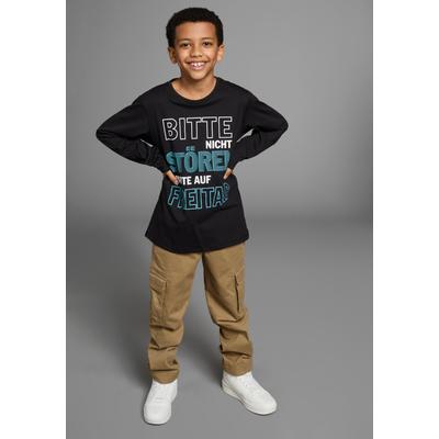 Langarmshirt KIDSWORLD "Bitte nicht stören...", Jungen, Gr. 128/134, schwarz, Jersey, Obermaterial: 100% Baumwolle, bedruckt, Basic, Rundhals, Shirts Langarmshirt, Langarm, Basic-Passform, bedruckt, Rundhalsausschnitt