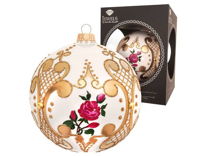 Weihnachtsbaumkugel KREBS GLAS LAUSCHA Weihnachtskugel Rosendesign verziert weiß 10cm , weiß, B:10cm H:10cm T:10cm Ø:10cm, Glas, Weihnachtsbaumkugeln, Weihnachtsbaumkugel, Dekoriert mit Liebe zum Detail