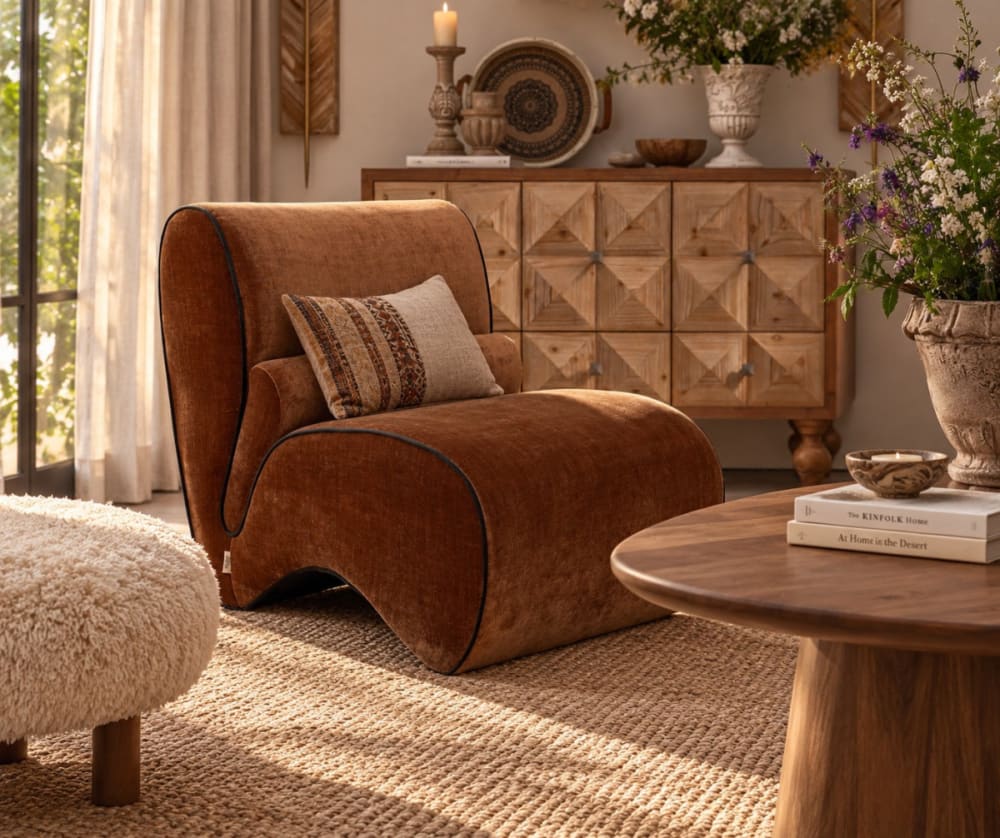 Dutchbone Fauteuil lounge en velours brun Marron 93x83x76cm