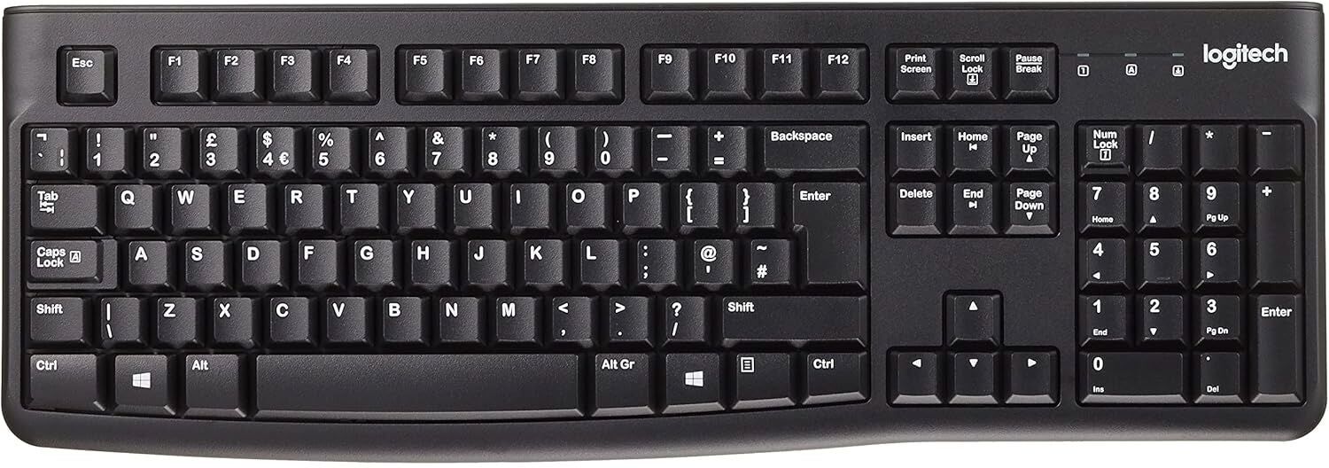 Logitech K120 Wired Business Keyboard for Windows or Linux, USB Plug-and-Play, Full-Size, Spill Resistant, Curved Space Bar, PC/Laptop, QWERTY UK Layout - Black