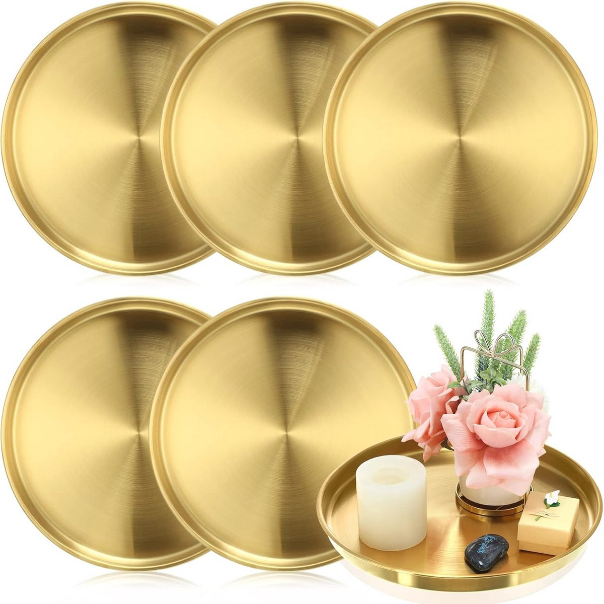 Set van 6 ronde gouden dienbladen van RVS voor sieraden en cosmetica