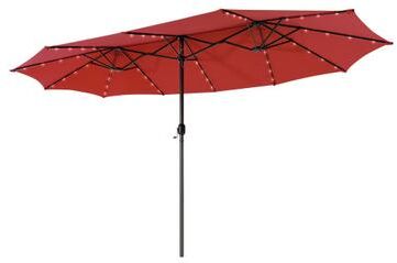 Costway 15 Feet Twin Patio Umbrella with 48 Solar LED Lights-Dark Red