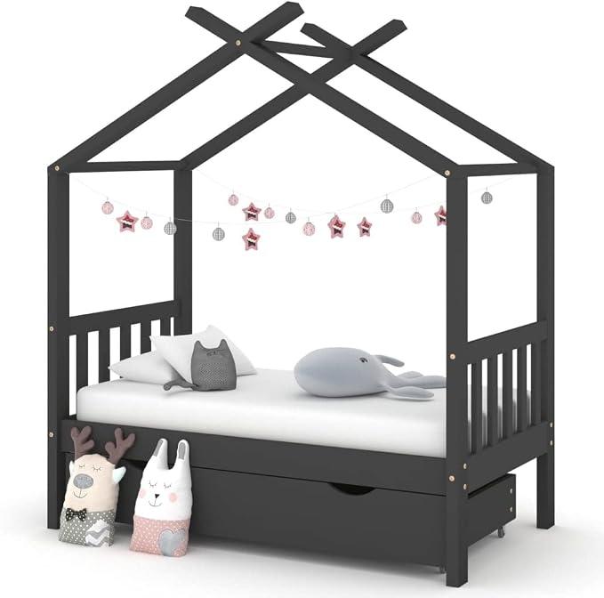 Kinderbett mit Schubladen Hausbett Holzbett für Kinder mit Rausfallschutz Bettgestell mit Lattenrost Massivholz Kiefer Ohne Matratze Dunkelgrau 70 x 140 cm