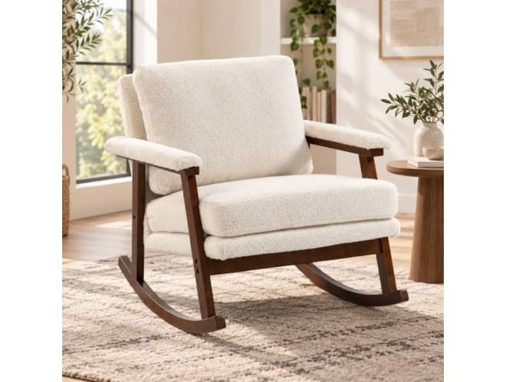 Schaukelstuhl Teddy Stoff, gepolstert, Holzgestell, Cremeweiß (Cremeweiß) Weicher Relaxsessel mit sanfter Schaukelfunktion für Wohnzimmer, Schlafzimmer, Babyzimmer und Leseecke.