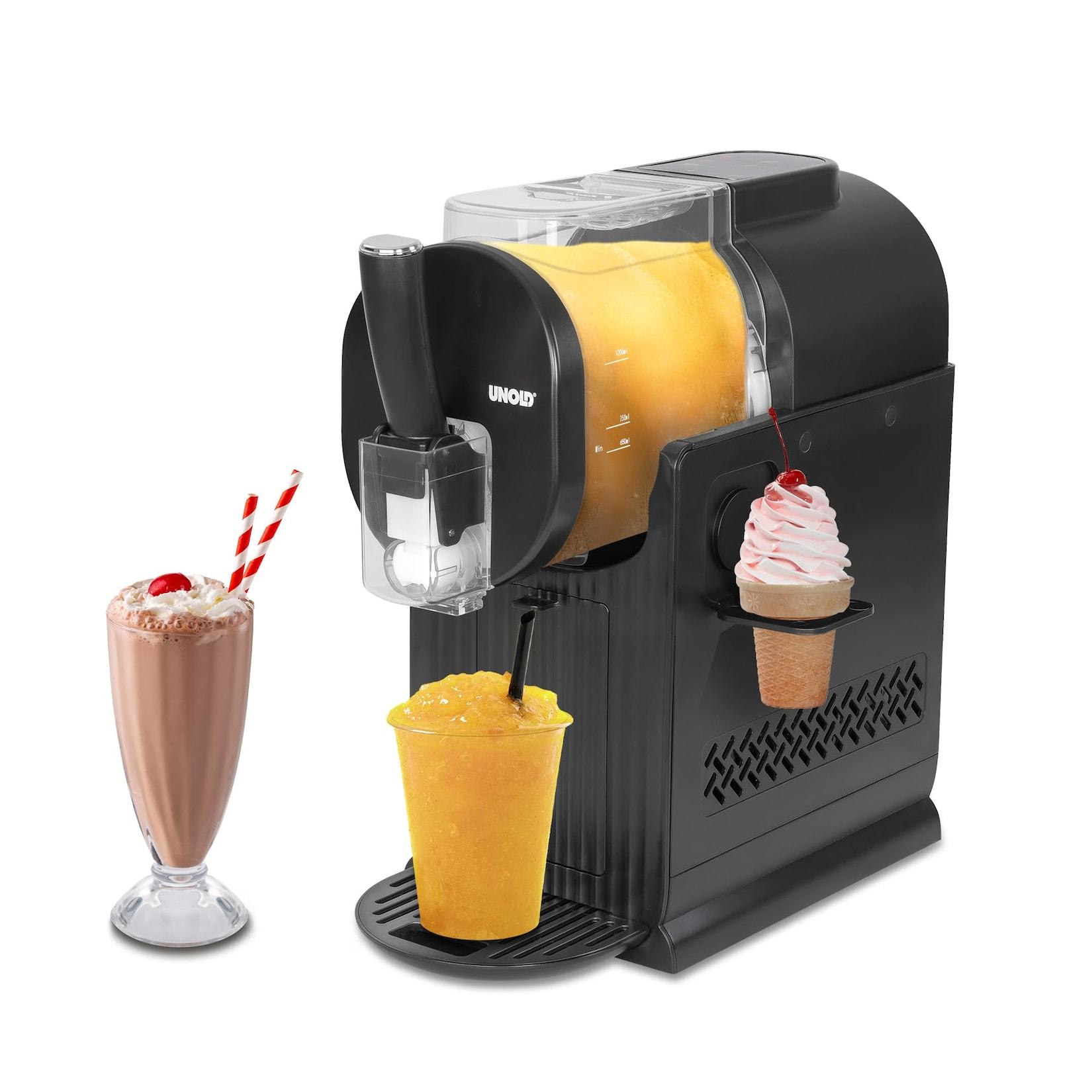 UNOLD Sofia 48965 2in1 Schwarz Slush - und Softeismaschine (für ca. 1,5 l, leise Kompressor-Kühlung, 5 Programme: SOFTEIS, MILKSHAKE, COLD DRINK, SLUSHIE, COCKTAIL, einfache Handhabung, Behälter und Abtropfschale abnehmbar und spülmaschinengeeignet, Rezept