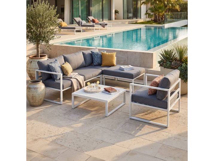 Salon de jardin en aluminium 4 places + pouf + table basse rectangle