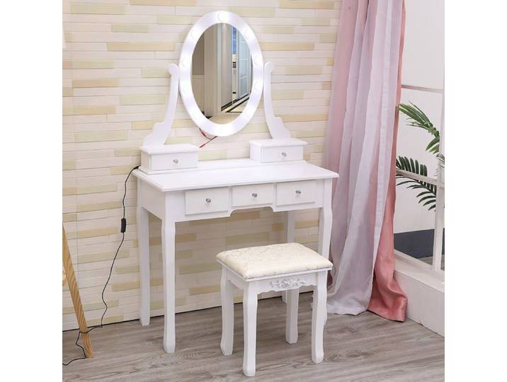 Coiffeuse moderne avec miroir ovale LED rotatif 360° – 10 ampoules cinéma – 5 tiroirs spacieux – meuble de maquillage blanc