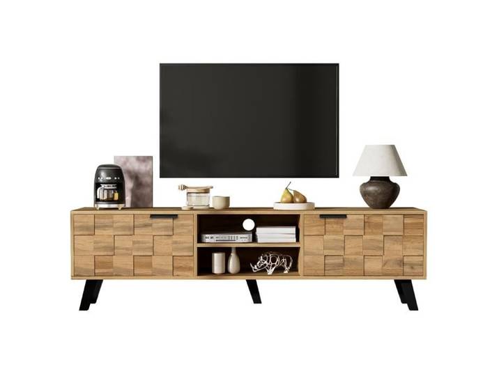 Meuble TV moderne décor bois avec 2 portes et 2 niches ouvertes