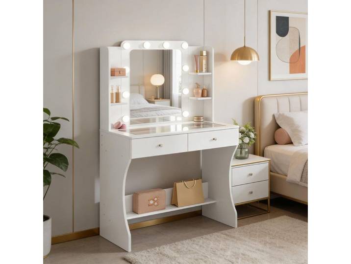Coiffeuse avec miroir LED 3 couleurs plateau verre trempé 2 tiroirs avec séparateur 9 compartiments blanc 80x135x40 cm