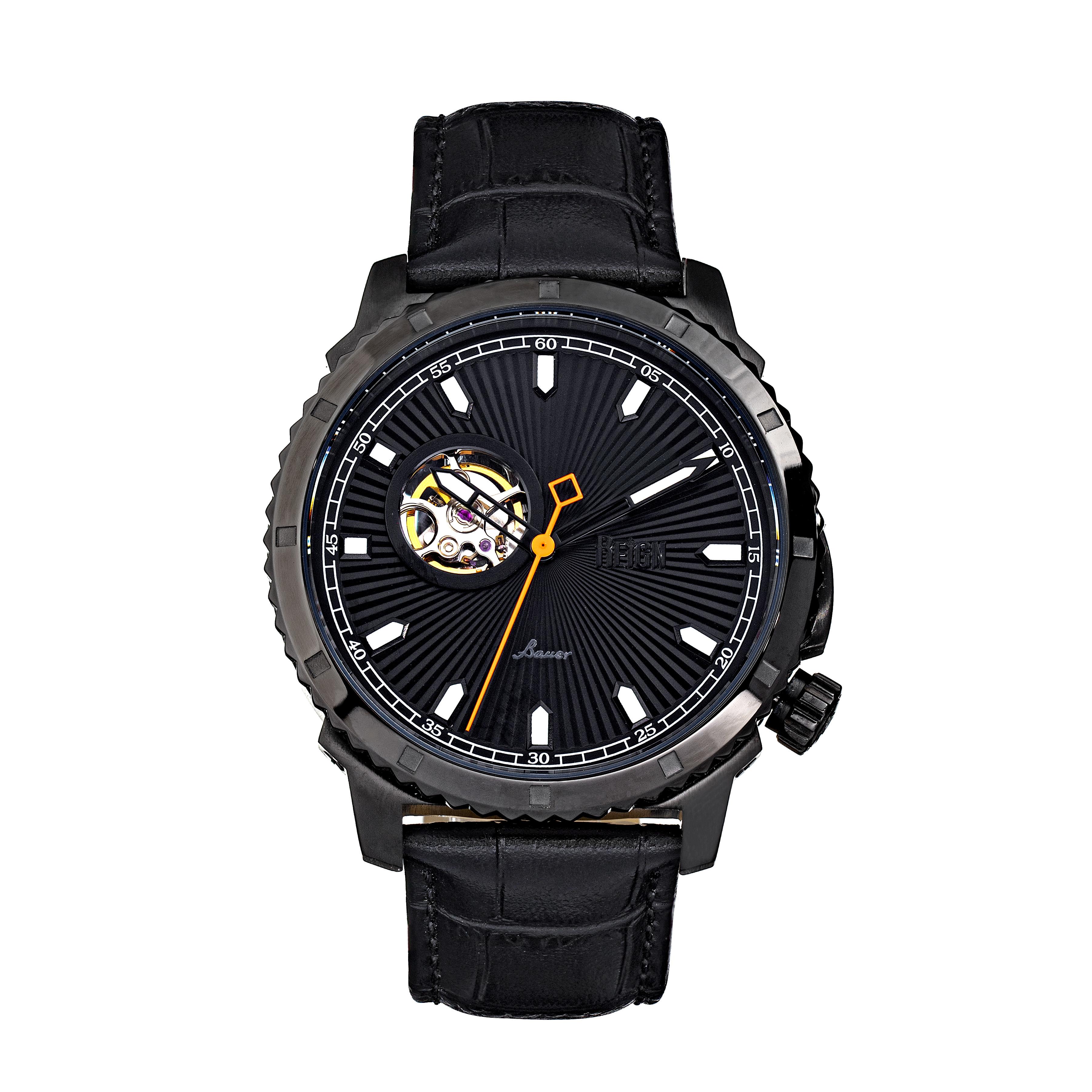 Reign Bauer automatisch semi-skelet lederen band horloge