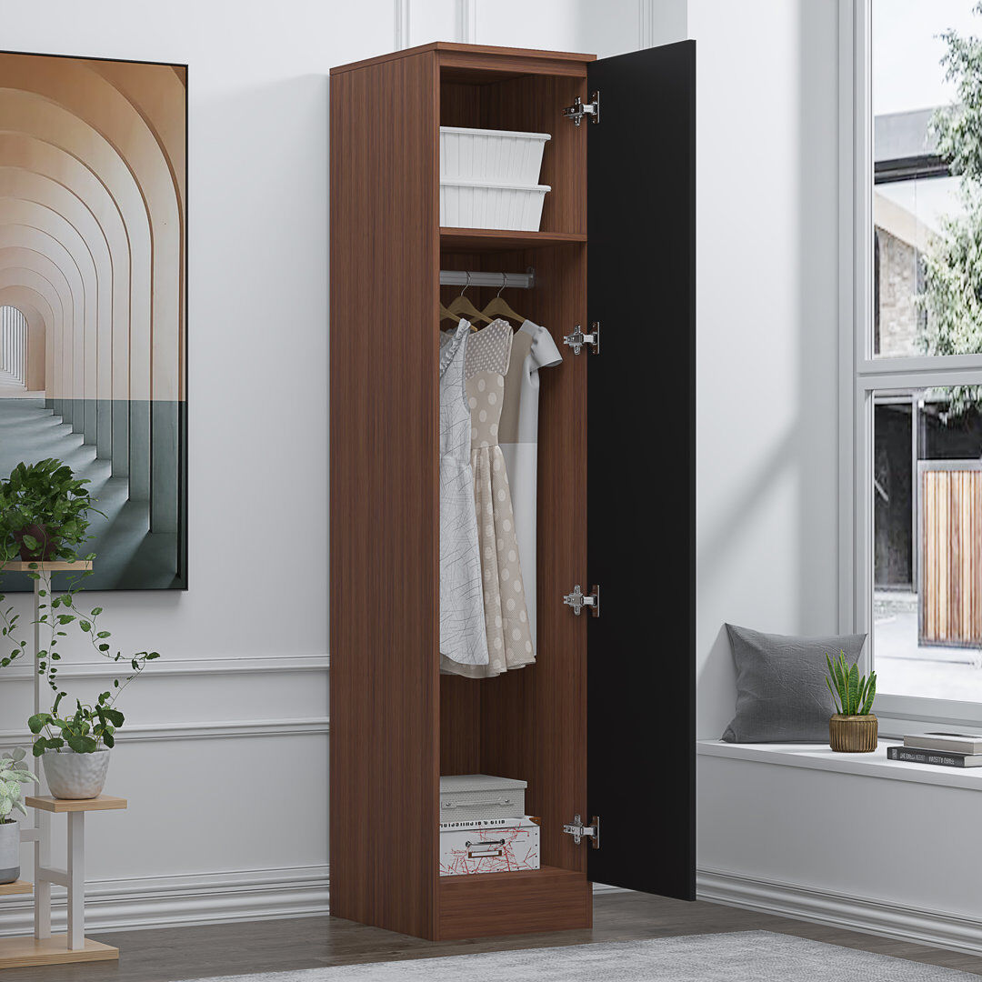 Hashtag Home Osbourne High Gloss 1 Door Plain Wardrobe - H: 180cm x D: 47cm x W: 38cm Walnut/Gloss Black 180cm H X 37cm W X 47cm D