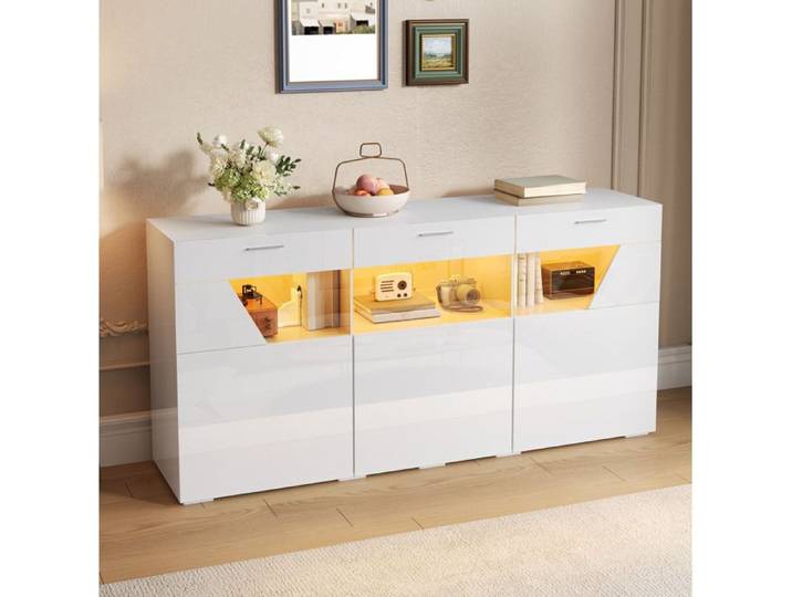 ULEVR Buffet bas blanc 3 portes en verre avec LED contrôlable par application finition brillante 160 cm