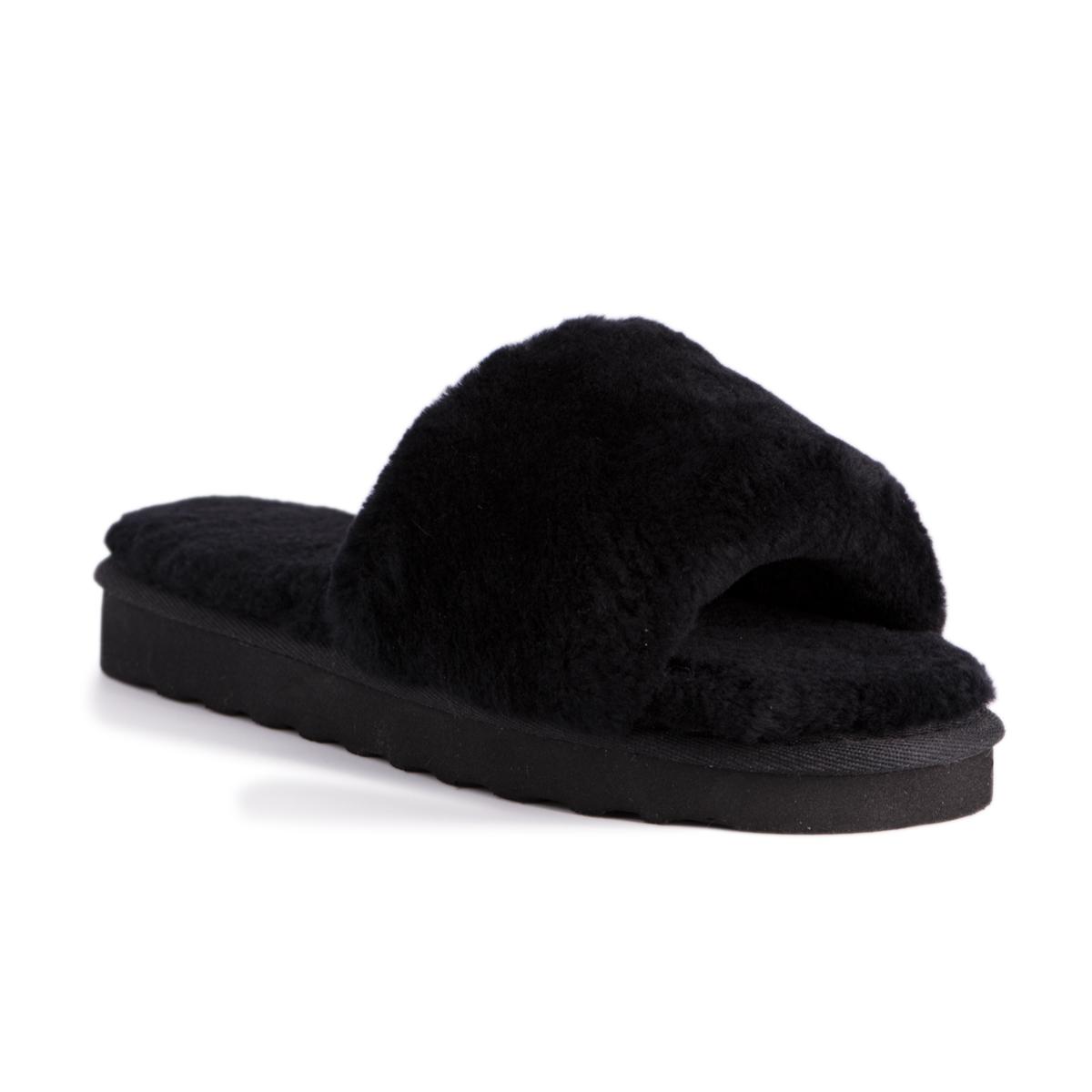 Aus Wooli Australia Damen Schafsfell Fluff Slide Hausschuhe Schwarz