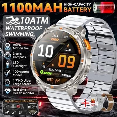 Uplift Picks Military Grade Dual Band GPS Smartwatch With Long Battery 10ATM Waterproof Outdoor Sports Watch silver Steel B