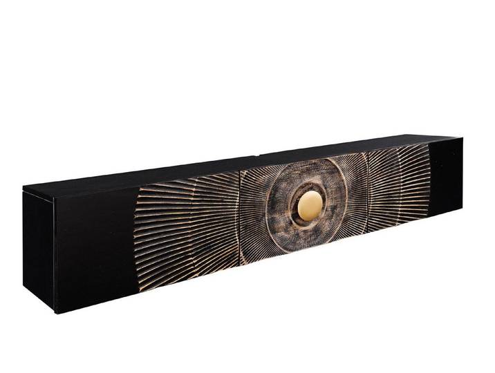 Licht-Erlebnisse TV-Board EIROS, Hängeboard Mangoholz Metall 160 cm Ornamente Schwarz Gold Handarbeit