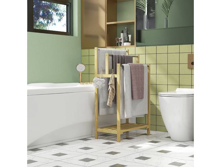HOMCOM Porte-Serviettes Bambou 3 Barres Acier avec Étagère 90cm