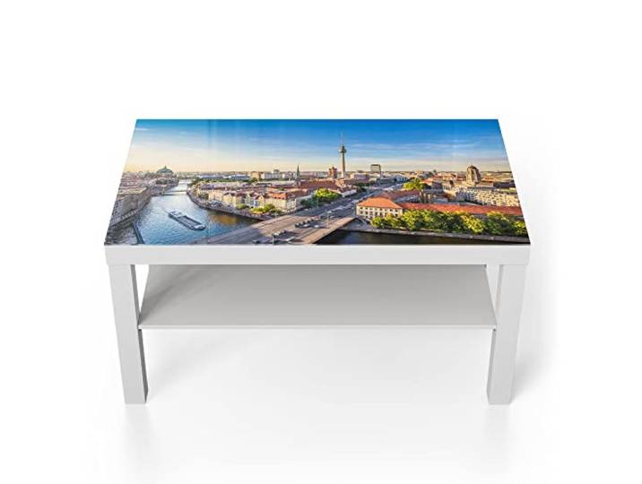 DEQORI Glastisch weiß groß 90x50 cm Motiv Berlin aus der Luft ausgefallener Beistelltisch aus Glas Hochglanz Couchtisch fürs Wohnzimmer moderner Couch Tisch mit Design