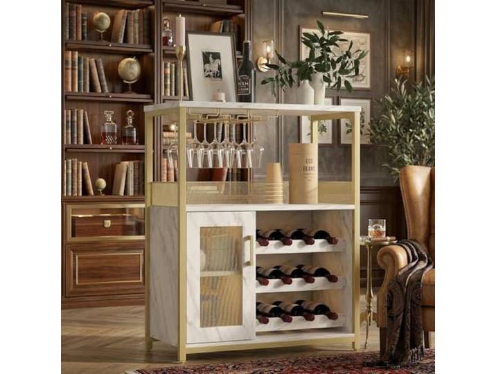 JOLLYTOP Weinbar Schrank 36 – Kompakter Bar Schrank Mit Verstellbaren Ablagen, Glashalter & Metallgittertür – Liquorschrank & Kaffeebar Möbel Für Küche & Esszimmer, Gold+Lampe
