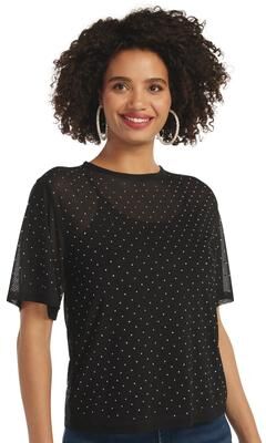 Masseys Rhinestone Mesh Tee (Size 1X) Black/Rhinestone, Polyester,Spandex