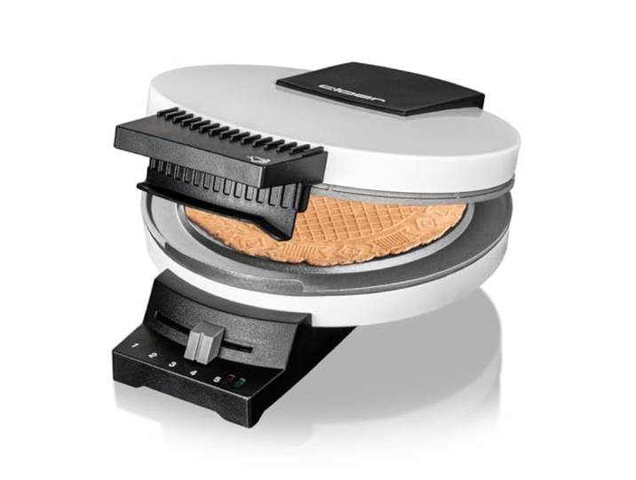 Cloer 281 Oublie-/ Kniepertjes ijzer voor flinterdunne, knapperige hoorns, 800 W, hoorngrootte 15 cm Ø, zware bakplaten, traploze instelbare bruiningsgraad, akoestisch gereed bericht, wit