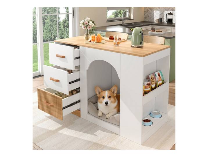 Flieks Kücheninsel Küchenschrank mit Arbeitsplatte Holzoptik, 3 Schubladen, Seitenablagen, (120x60x90 cm), multifunktional Mehrzweckschrank Kommode Sideboard Weiß & Natur