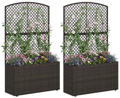 Costway Set of 2 49 Inch Raised Garden Bed with Trellis and Wicker Planter Box-Brown