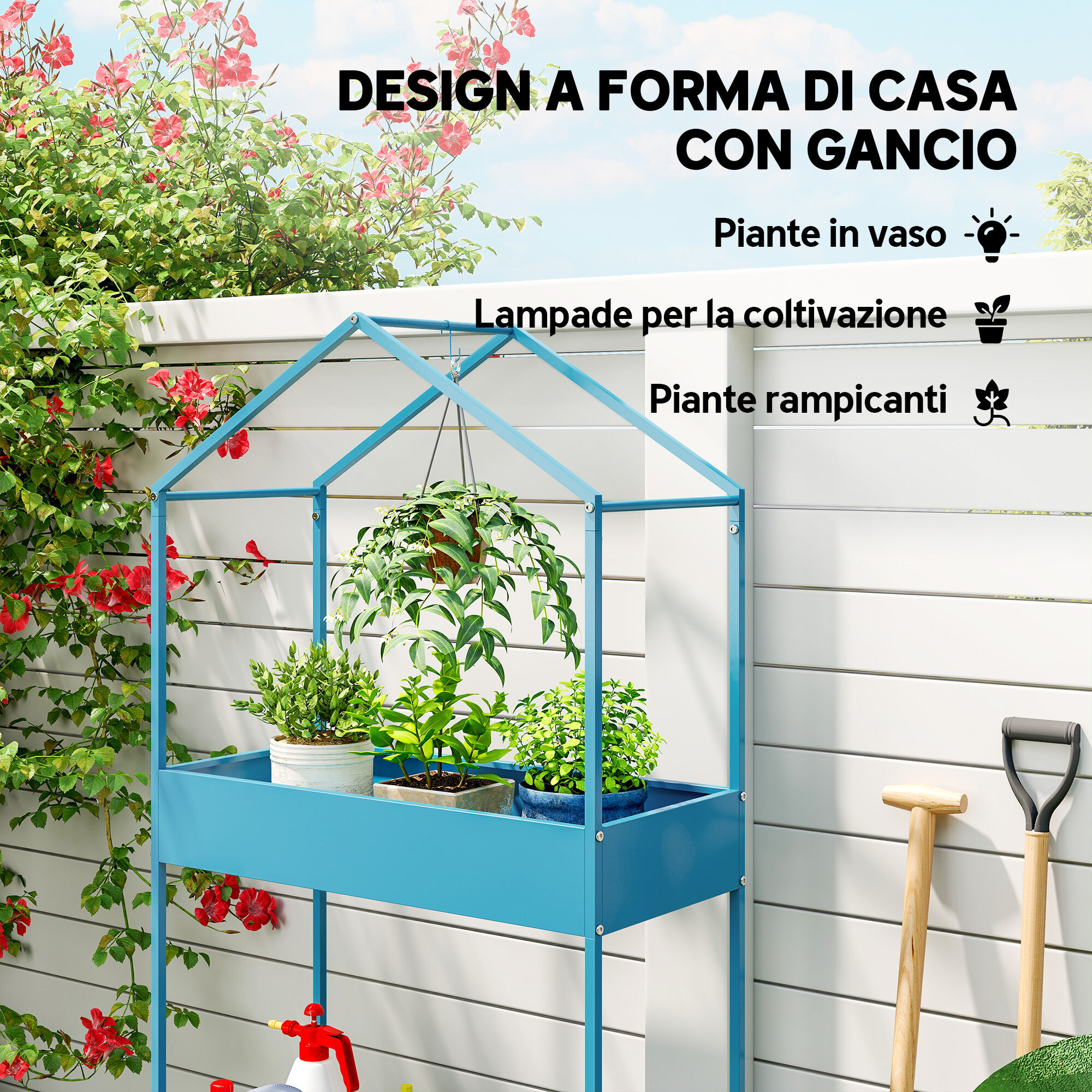 Altro Portavasi A 2 Livelli In Metallo A Forma Di Casetta Con Gancio, 75x35x150 Cm, Blu Verde