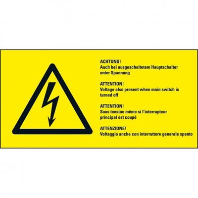 Aufkleber I Warn-Kombischild Auch bei ausgeschaltetem, RoHS konform, 4-sprachig, Folie, 148x74mm, ASR A1.3, DIN EN ISO 7010 W012