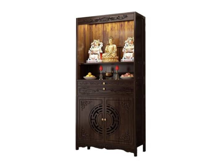 Komplizierter Schrein-Altar-Kabinett-Sockel-Opfer, Bambus-Meditationstisch Mit ausziehbarem Regal for den Heimgottesdienst, Pooja-Mandir-Tempel(52*37*174cm/20.4*14.6*68.9in)