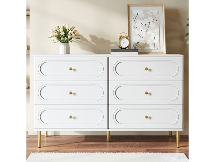 Buffet bas - URBANLUXE - Design ovale - 6 tiroirs - Blanc aspect bois - Pieds métal