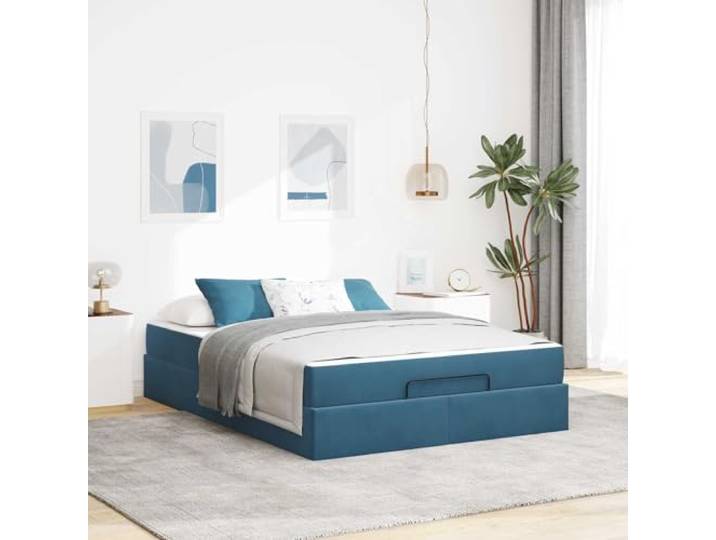 YUOTYRKTEJRSG Samt Modernes Bettgestell 140 x 200 cm Blau Bettgestell mit Matratze 2er Set Blau Samt Doppelbett 140x200 mit Stauraum Lattenrost Schaumstoff Polsterbett