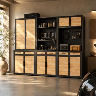 FUFU&GAGA "141.6"" Modular Garage Storage Cabinet System with Pegboard, Drawers & ShelvesSolid Pine Wood Doors and Metal Frame"