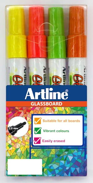 Glassboard Marker Artline rosa, gul, grÃ¶n, orange 4-pack