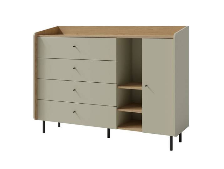 Lomadox Sideboard ALAMO-133, grün mit Eiche Nb., 4 Schubladen, 1 Tür, 3 offene Fächer
