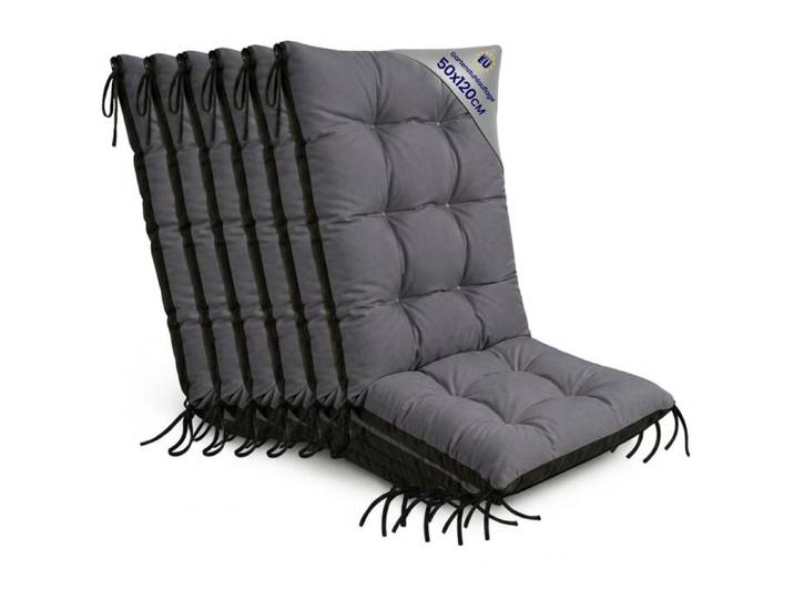 Coussin Chaise Jardin Dossier Haut Set: 6x 50x120 cm - Matelas Siege Extérieur Mobilier Confort Imperméable Graphite