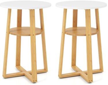 Costway 2-Tier End Tables Set of 2 with Lower Shelf X-shaped Base and Anti-Slip Foot Pads-White + Natural