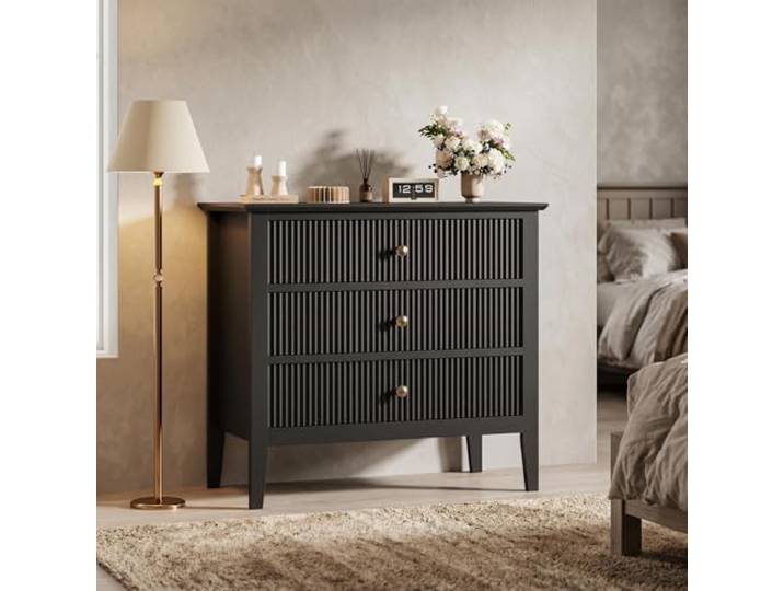 Garvee Kommode, Schwarze kommode geriffelt, kommode mit 3 schubladen 80 cm, nachttisch mit schubladen – für Schlafzimmer, Flur, Eingangsbereich