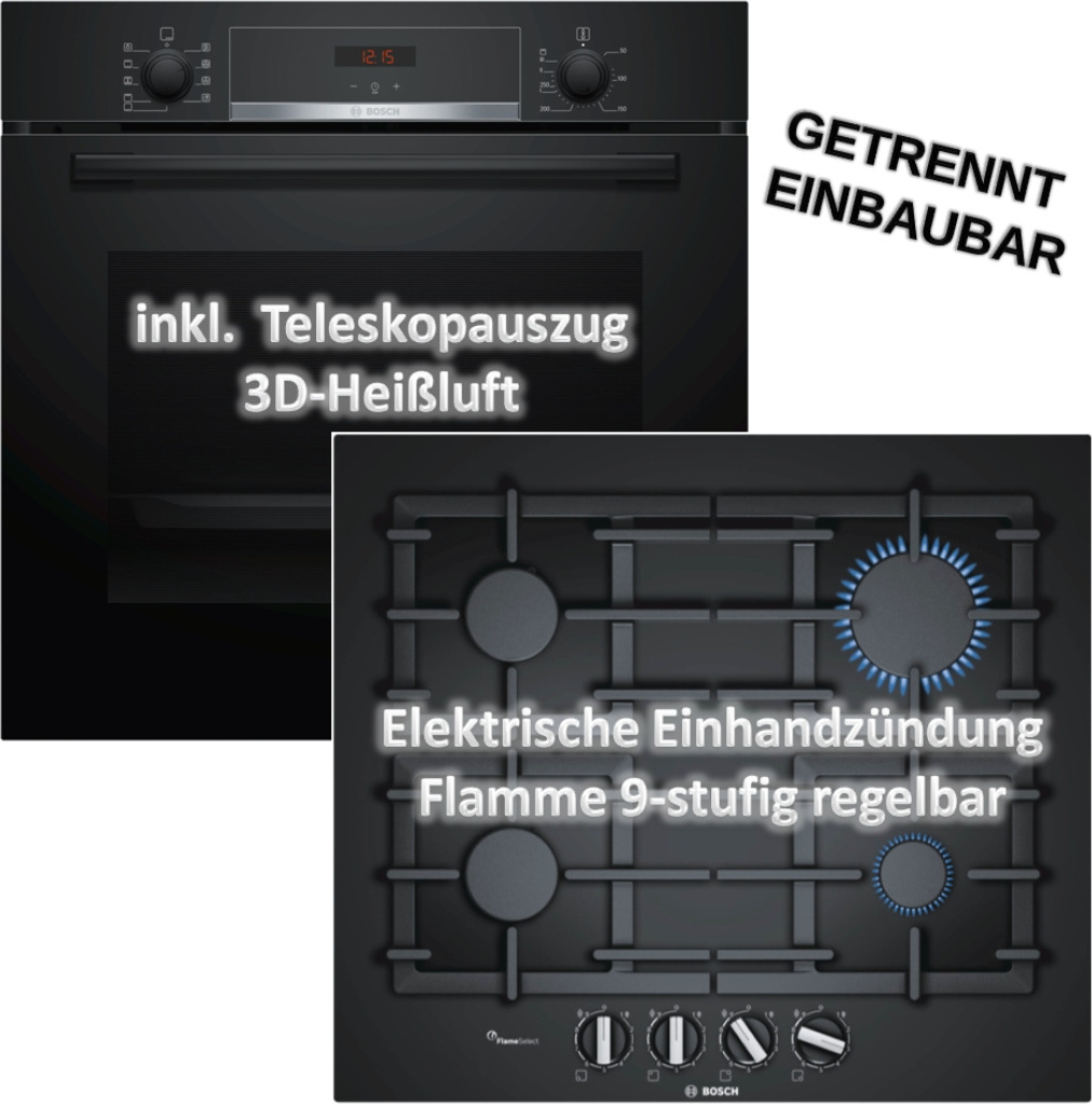 Backofen HBA534EB0 Teleskopauszug + Gas-Kochfeld PPP6A6B90 autark 60cm