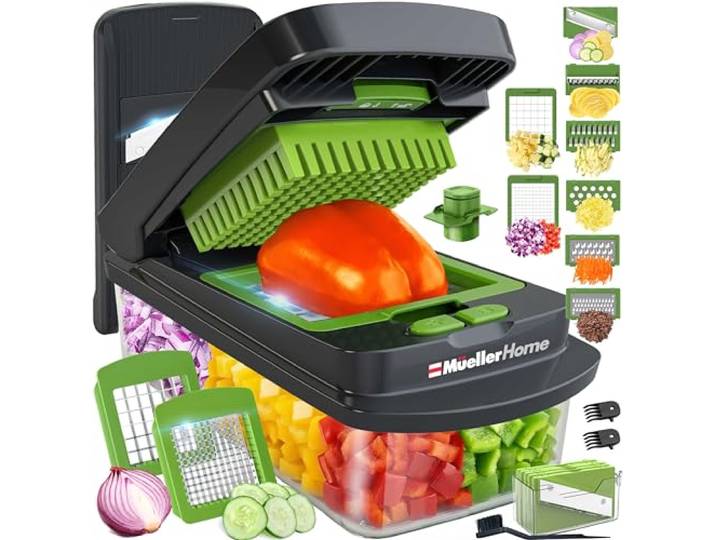 MUELLER HOME Pro-Serie 10-in-1-Gemüseschneider mit Behälter, 8 Klingen Obstschneider, Würfel, Tomatenschneider, Pommes Frittier, Kartoffelschneider, Salatzerkleinerer, grau/grün