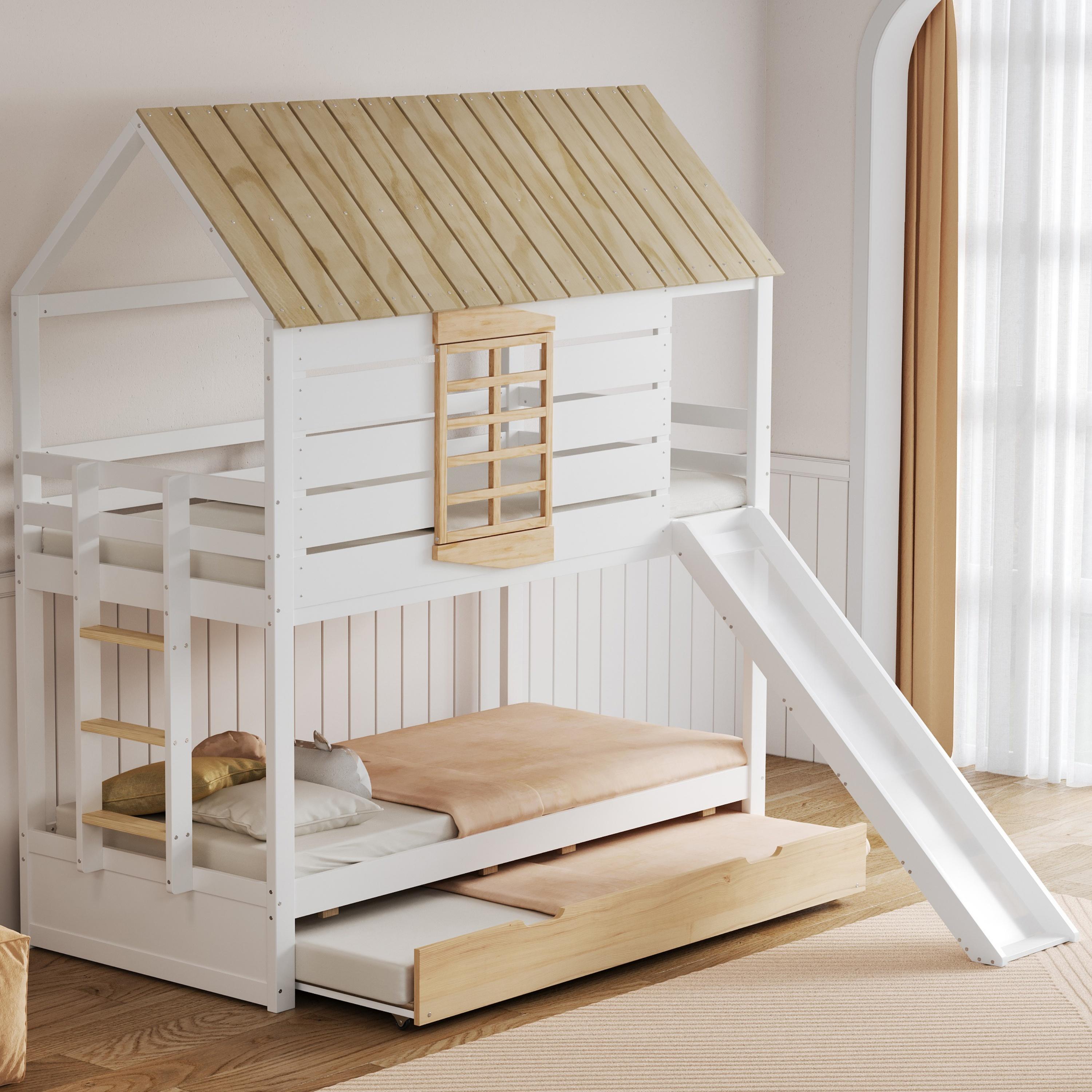 MODFU Etagenbett 90X200 Kinderbett Bettrahmen mit Ausziehbett,Einzelbett Kinderbett mit Matratze in Hausform mit Rutsche und herzförmigem Fenster,Weiß+Natur