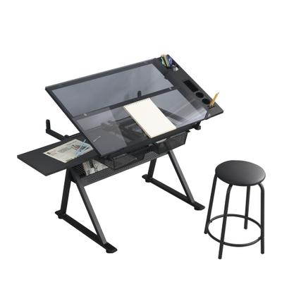 MODFU Zeichentisch MDF und Metall Schwarz mit neigbarer Glasplatte und Hocker