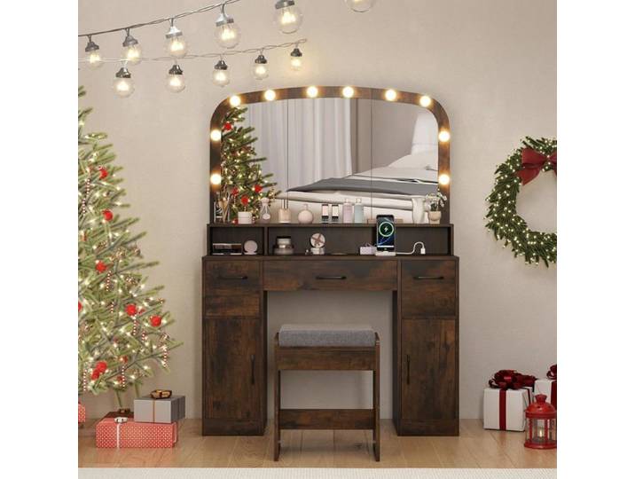 COSTWAY Coiffeuse avec Tabouret Miroir Maquillage Hollywood Lumineux LED Réglables Station de Recharge Marron
