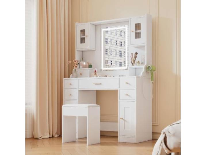 RAPRAP Großer Schminktisch mit LED-Spiegel, 6 Schubladen, 4 Türen, Weiß Schminktisch mit Beleuchtung, Dressing Table mit USB/Type-C, Föhnhalter, HD-Spiegel, Kippsicherung, B105/D40/H152 cm