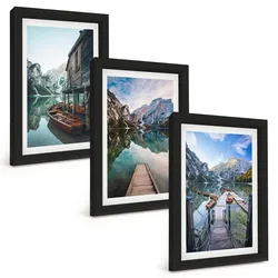 BILDER SET 3er Set - 20x30 cm Schwarzer Rahmen - See Berge Holzboote