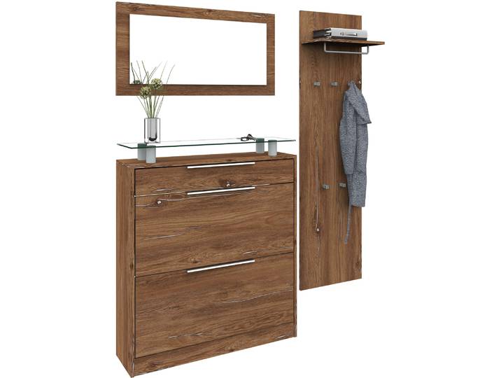 Garderoben-Set BORCHARDT MÖBEL Oliva , braun (vintage eichefarben), Kastenmöbel-Sets, Garderoben-Set, (3-tlg.), mit stehendem Schuhschrank, Paneel und Spiegel