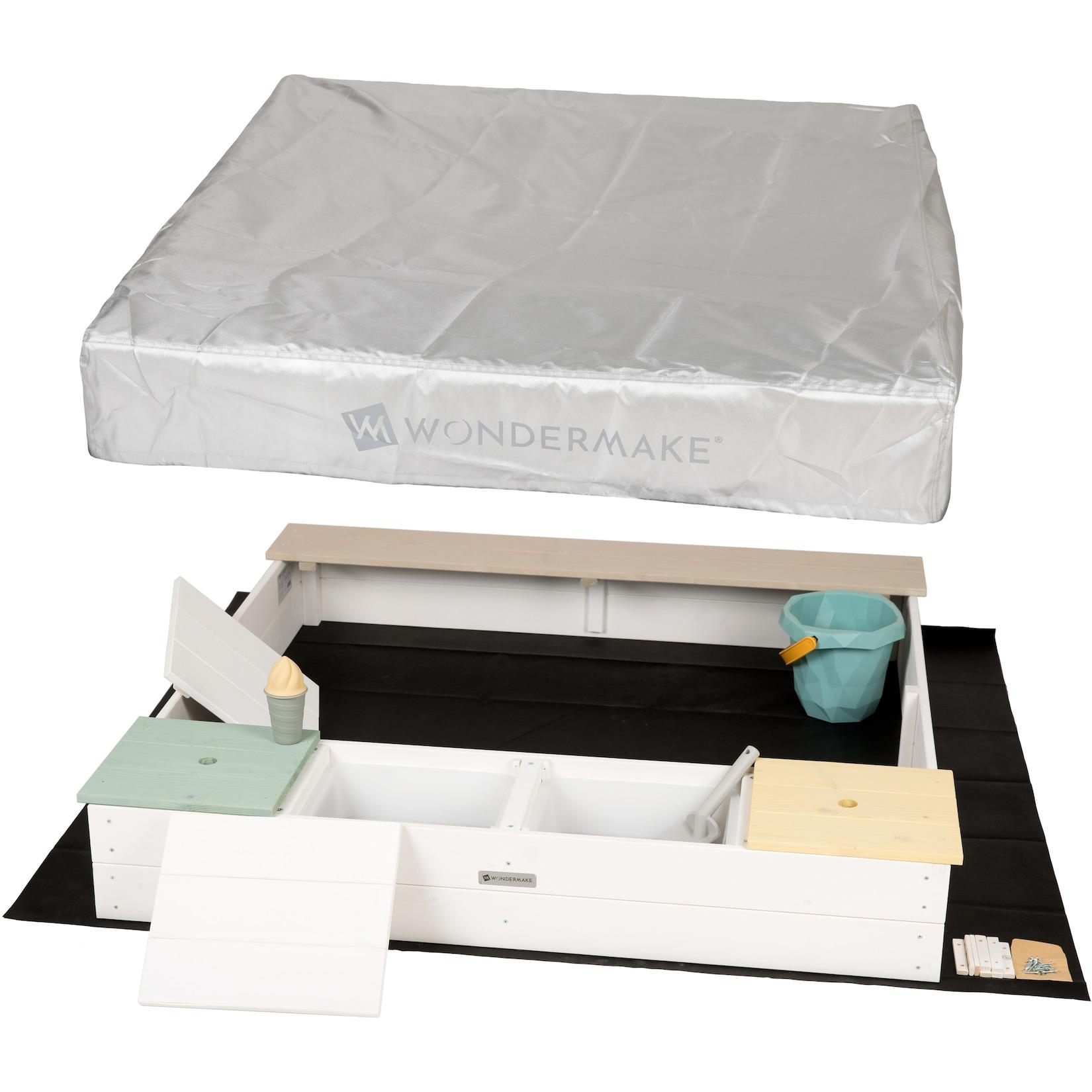 WONDERMAKE® Design Sandkasten mit Matschküche , Abdeckung OXFORD 420D , Vliesfolie , Sandkiste Holz quadratisch verschließbar Outdoor Garten für Kinder , weiß bunt
