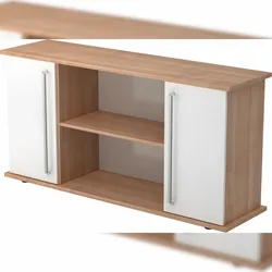 bümö Sideboard Nussbaum/Weiß mit Flügeltüren & Regal  - Büromöbel Sideboard Holz 166cm breit, 45cm schmal, Büro Schrank für Flur oder als