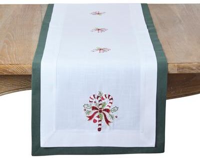 Saro Candy Cane Embroidered Holiday Linen Blend Table Runner - Festive Dining, Entertaining, Holiday Decor, & Winter Tablescapes